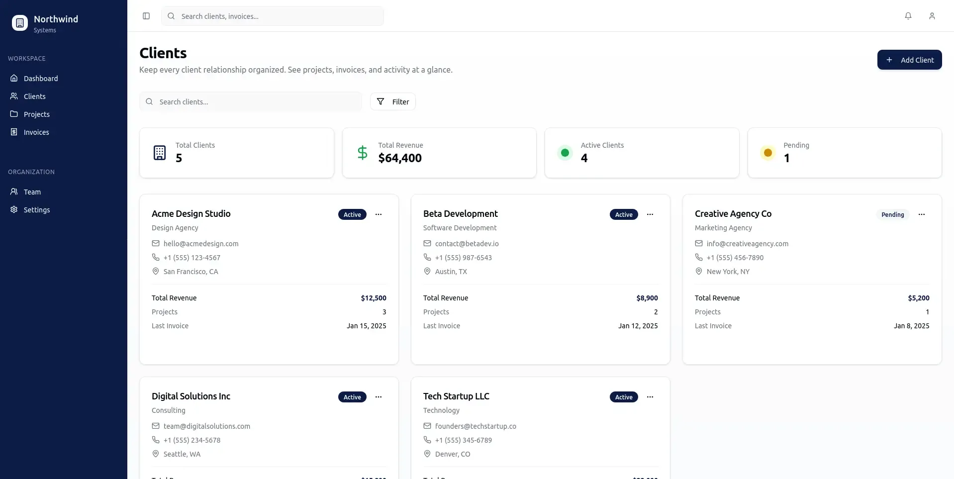 Client profile showing active projects, invoices, and recent activity