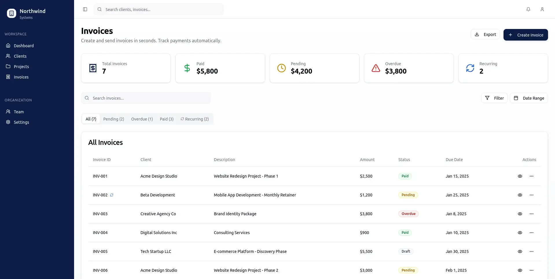 Invoice list showing payment status and overdue invoices